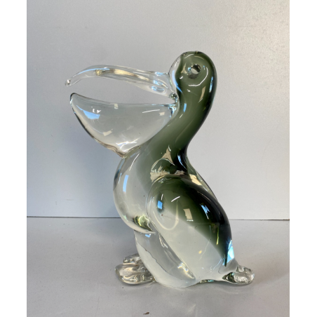 SCULTURA UCCELLO PELLICANO VETRO Murano SOMMERSO VERDE TRASPARENTE Seguso '50