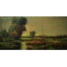GRANDE QUADRO DIPINTO OLIO Vigano' PAESAGGIO PIANURA FIUME VITA RURALE RACCOLTO
