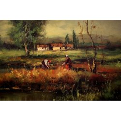 GRANDE QUADRO DIPINTO OLIO Vigano' PAESAGGIO PIANURA FIUME VITA RURALE RACCOLTO