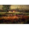 GRANDE QUADRO DIPINTO OLIO Vigano' PAESAGGIO PIANURA FIUME VITA RURALE RACCOLTO