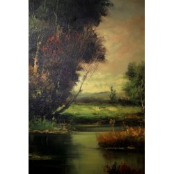 GRANDE QUADRO DIPINTO OLIO Vigano' PAESAGGIO PIANURA FIUME VITA RURALE RACCOLTO