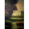 GRANDE QUADRO DIPINTO OLIO Vigano' PAESAGGIO PIANURA FIUME VITA RURALE RACCOLTO