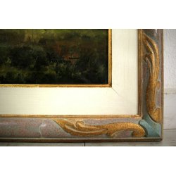 GRANDE QUADRO DIPINTO OLIO Vigano' PAESAGGIO PIANURA FIUME VITA RURALE RACCOLTO