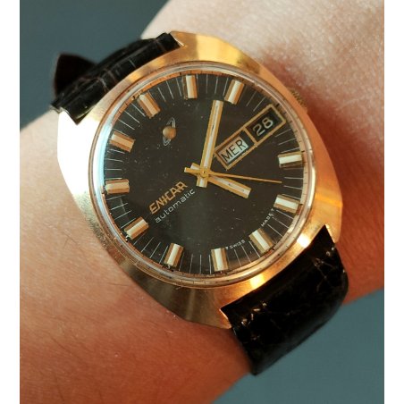 OROLOGIO POLSO DORATO Enicar Ocean Pearl Automatic AR 167D anni 70 DAY DATE