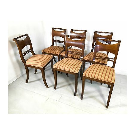 ANTICO SET 6 SEDIA STILE IMPERO LEGNO MASSELLO NOCE OLD DINING CHAIRS VINTAGE