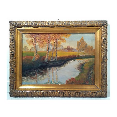 ANTICO QUADRO FIRMATO 1920 DIPINTO OLIO TAVOLA FIUME NAVIGLIO CAMPAGNA BETULLE