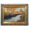 ANTICO QUADRO FIRMATO 1920 DIPINTO OLIO TAVOLA FIUME NAVIGLIO CAMPAGNA BETULLE