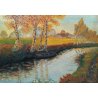 ANTICO QUADRO FIRMATO 1920 DIPINTO OLIO TAVOLA FIUME NAVIGLIO CAMPAGNA BETULLE