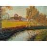 ANTICO QUADRO FIRMATO 1920 DIPINTO OLIO TAVOLA FIUME NAVIGLIO CAMPAGNA BETULLE