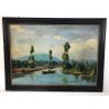 ANTICO GRANDE QUADRO FIUME BARCA OLIO TAVOLA DIPINTO PAESAGGIO ARTE LAGO EPOCA