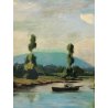 ANTICO GRANDE QUADRO FIUME BARCA OLIO TAVOLA DIPINTO PAESAGGIO ARTE LAGO EPOCA