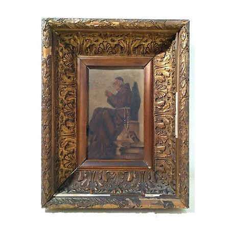 ANTICO DIPINTO C BAILO FRATE PREGHIERA FRANCESCANO QUADRO OLIO TAVOLA EPOCA 1800