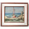 ANTICO DIPINTO BARCA SPIAGGIA MARINA MARE PAESAGGIO QUADRO OLIO TAVOLA EPOCA 900