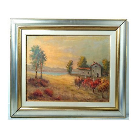 QUADRO PAESAGGIO LAGO MAGGIORE DIPINTO OLIO TELA CASOLARE CAMPAGNA EPOCA 1900