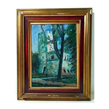 ANTICO DIPINTO QUADRO OLIO TAVOLA CASTELLO FORTEZZA MURA BASTIONE EPOCA 1900
