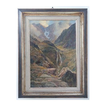ANTICO QUADRO SILVIO TALMAN OLIO TAVOLA PAESAGGIO MONTAGNA VALLE TRENTO SALUGGIA