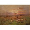 Dipinto firmato L. POLLI, gregge tramonto, olio tavola