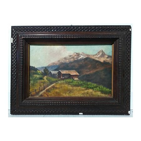 ANTICO QUADRO FIRMATO LA DIPINTO OLIO TAVOLA CORNICE GUILLOCHE BAITE MONTAGNA