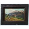 ANTICO QUADRO FIRMATO LA DIPINTO OLIO TAVOLA CORNICE GUILLOCHE BAITE MONTAGNA