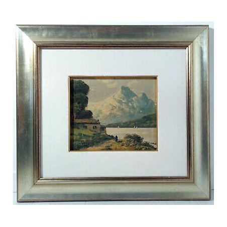 ANTICO QUADRO FIRMATO L. POLLI LAGO MONTAGNA BARCHE OLIO TAVOLA SPATOLA EPOCA