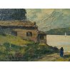 ANTICO QUADRO FIRMATO L. POLLI LAGO MONTAGNA BARCHE OLIO TAVOLA SPATOLA EPOCA