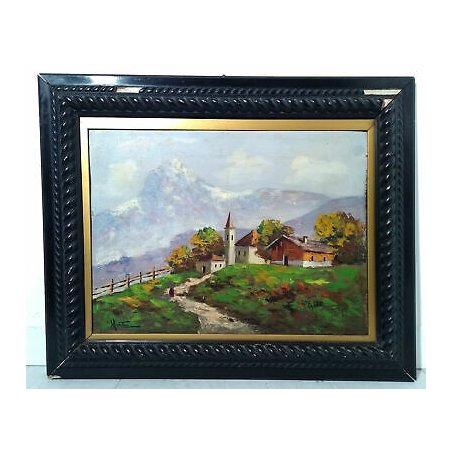 DIPINTO FIRMATO MUTI CORNICE GUILLOCHÉ PAESAGGIO MONTAGNA QUADRO OLIO TAVOLA 900