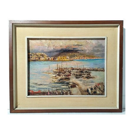 QUADRO DAVIDE MINETTI ATTR. DIPINTO MATERICO OLIO TAVOLA MARINA BARCHE BAIA
