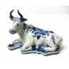 STATUINA DELFT MUCCA PORCELLANA CERAMICA DIPINTA BLU BIANCO STATUA SCULTURA 1900
