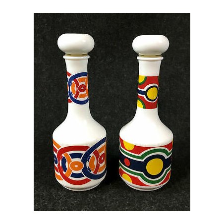 COPPIA BOTTIGLIA VETRO STAMPA VINTAGE POP ART DESIGN GEOMETRICO EPOCA 1960