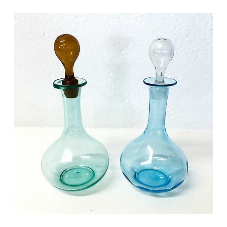 COPPIA BOTTIGLIA VETRO SOFFIATO COLORATO TAPPO BOTTIGLIETTA MATRACCIO EPOCA