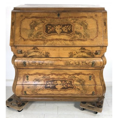 ANTICA RIBALTA OLANDESE CREDENZA BOMBATA MOSSA SECRETAIRE 1900 LEGNO NOCE EPOCA 