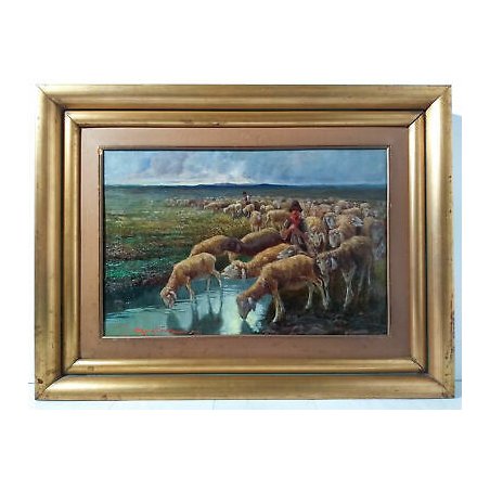ANTICO QUADRO GUIDO MANTOVANI IL GREGGE PASTORALE DIPINTO OLIO TAVOLA EPOCA 1900