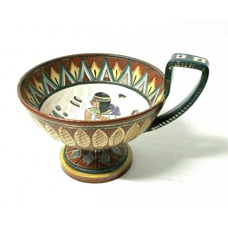 COPPA CON MANICO CERAMICA SMALTATA DERUTA DISEGNO EGIZIO NUMERATO ITALY anni '60