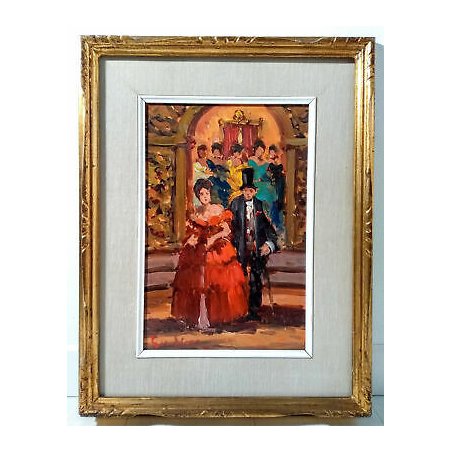 ANTICO QUADRO FIRMATO DIPINTO OLIO TAVOLA SCENA MONDANA FESTA MASCHERA EPOCA