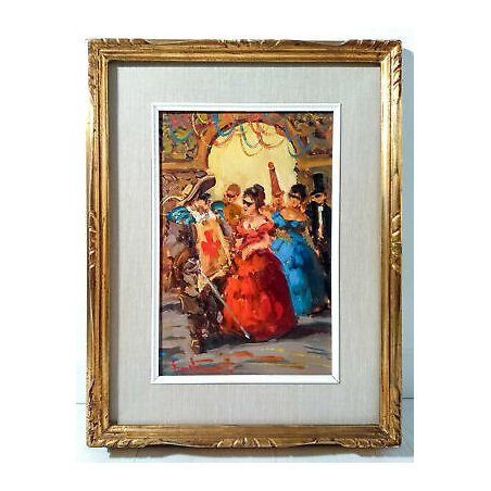 ANTICO QUADRO FIRMATO DIPINTO OLIO TAVOLA FESTA MASCHERA SCENA MONDANA EPOCA