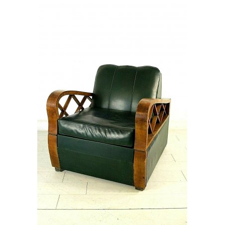 ANTICA POLTRONA LETTO ECO PELLE SKY ARMCHAIR BED LEGNO VERDE DECO' 1930/40