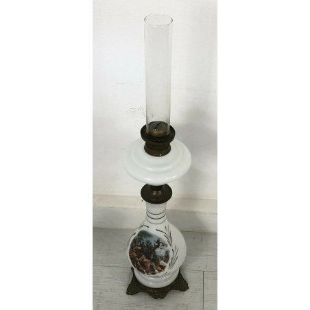 ABAT JOUR LUME LAMPADA DA TAOLO A PETROLIO VETRO OPALINA DIPINTA 1800 TABLE OLD 