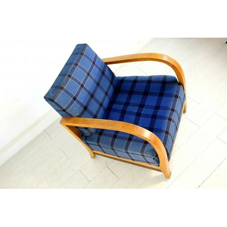 ANTICA POLTRONA ARMCHAIR FAUTEUIL LEGNO TESSUTO QUADRI BLU DECO' 1930/40 OLD 