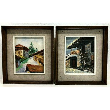 COPPIA QUADRO ANTICO OLIO TAVOLA PAESAGGIO BAITE MONTAGNA G.Cavoli 1946 VINTAGE