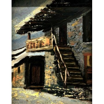 COPPIA QUADRO ANTICO OLIO TAVOLA PAESAGGIO BAITE MONTAGNA G.Cavoli 1946 VINTAGE