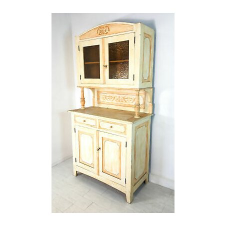 CREDENZA SHABBY CHIC DECAPATA LEGNO MASSELLO ALZATA EPOCA DIPINTA 1900 CUCINA