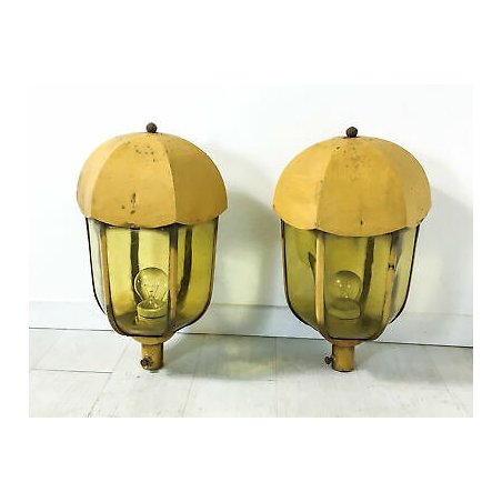 COPPIA LAMPIONE ESTERNO EPOCA 1900 VETRO SOFFIATO METALLO LAMPADA MURO LANTERNA