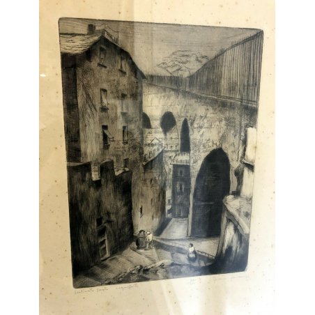 ANTICA ACQUAFORTE FEDERICO FERRARI ANNI 40 SCALE QUADRO GENOVA LIGURE PAESAGGIO