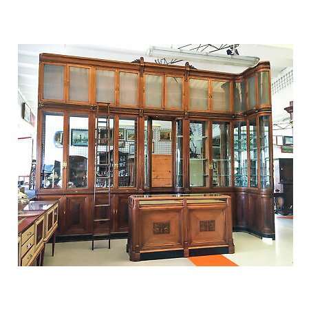 GRANDE FARMACIA NEGOZIO LIBRERIA BOISERIE LEGNO NOCE BANCONE VETRINA DECÒ 1900