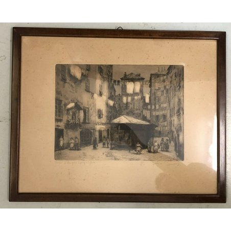 ANTICA ACQUAFORTE FEDERICO FERRARI ANNI 40 VIA QUADRO GENOVA LIGURE PAESAGGIO 
