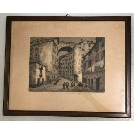 ANTICA ACQUAFORTE FEDERICO FERRARI ANNI 40 VIA QUADRO GENOVA LIGURE PAESAGGIO 
