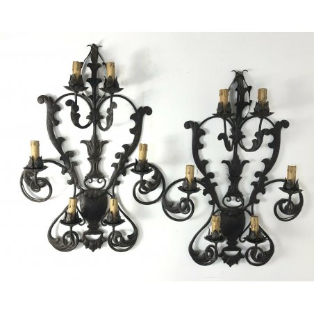 ANTICA COPPIA APLIQUE LAMPADE MURO FERRO BATTUTO CANDELE EPOCA OLD COPPA LUME 