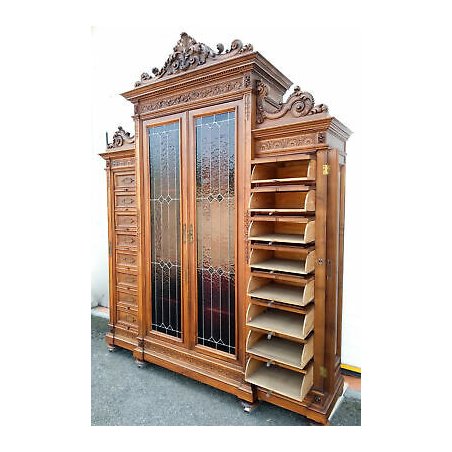 ANTICA LIBRERIA ARCHIVIO UFFICIO LUIGI XIII LEGNO NOCE 1900 CASSETTIERA ARMADIO 