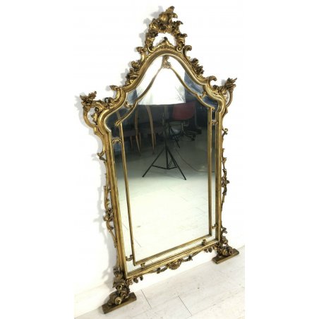 ANTICA SPECCHIERA SPECCHIO FOGLIA ORO LEGNO SCOLPITO VETRO EPOCA 1800/900 OLD 
