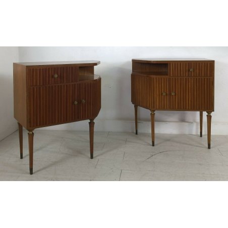 COPPIA COMODINI DESIGN PAOLO BUFFA VINTAGE LEGNI MISTI ORIGINALI ANNI 60 OTTONE